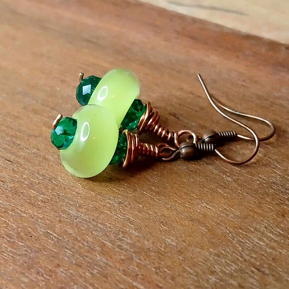Neon Green Boho Beaded Dangle Earrings, Copper, Artisan OOAK - Picture 2 of 4